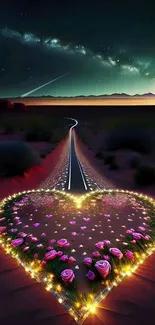 Heart-shaped road under a cosmic night sky with glowing lights and roses.