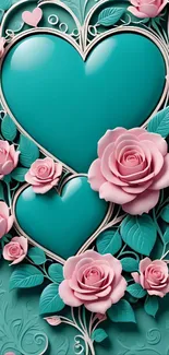 Teal hearts with pink roses in romantic floral design mobile wallpaper.