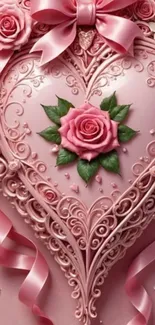 Intricate pink heart with roses mobile wallpaper.