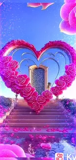 Heart-shaped rose gateway with blue sky.