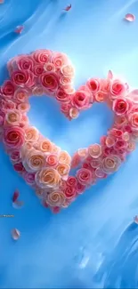Heart-shaped rose petals on a blue background.