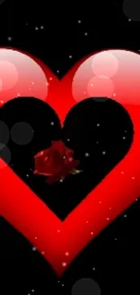 Romantic red heart with a rose inside on a dark background wallpaper.