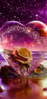 Heart-shaped glass with rose in a cosmic setting.