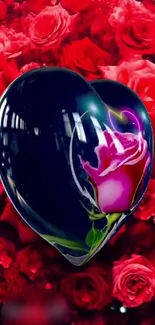 A dark heart with rose and vibrant red background.