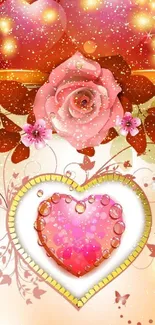 Romantic wallpaper with hearts and roses.