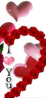 Romantic wallpaper with hearts and red roses on a white background.