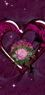 Heart-shaped pink rose wallpaper on deep pink background.