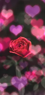 Romantic red rose with heart bokeh background.