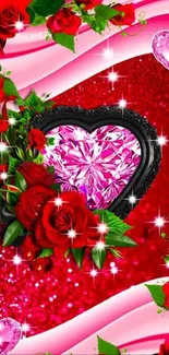 Romantic wallpaper with red roses and pink heart.