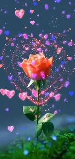 Romantic mobile wallpaper with a glowing heart and rose flower.