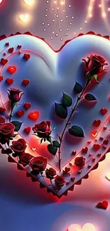 Heart-shaped red roses with glowing lights mobile wallpaper.