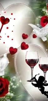 Romantic heart and roses wallpaper with doves and wine glasses.