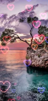 Romantic sunset with neon hearts on a scenic lake view.