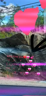 Scenic wallpaper with hearts on rocks and trees.