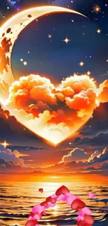 Heart-shaped cloud and crescent moon over ocean at sunset.