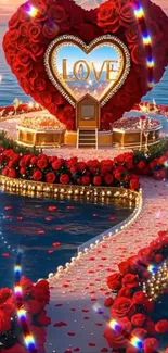 Heart-shaped floral pathway with red roses over water.