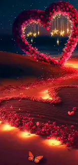 Romantic heart-shaped flower path with glowing lights under a starry night.