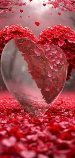 Heart made of red petals in nature setting wallpaper.