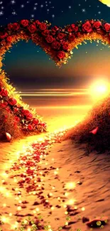 Heart-shaped rose path with golden sunset backdrop.