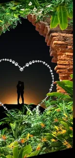 Romantic silhouette framed by a heart-shaped arch with lush greenery.