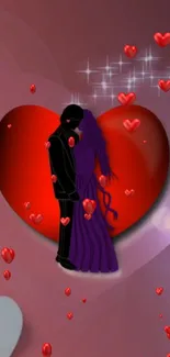 Romantic couple silhouette with red hearts and sparkling stars in background.