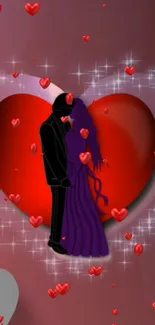 Romantic couple silhouette with red heart background, perfect for expressing love.