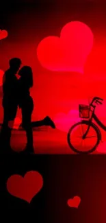 Silhouette of a couple with red hearts and bicycle background.