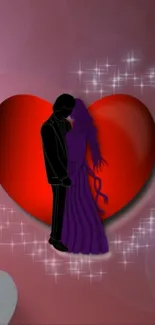 Silhouette couple embracing with heart backdrop.