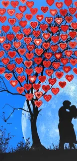 Silhouette couple under a red heart tree against a blue moonlit sky.