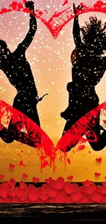 Romantic mobile wallpaper with heart and jumping silhouettes on a red backdrop.