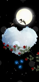 Heart-shaped cloud mobile wallpaper with a moon and red roses.