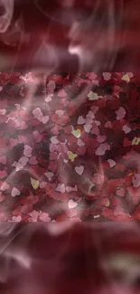 Romantic heart wallpaper with smoke overlay on a red background.