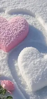 Romantic snow hearts with roses on a serene background.