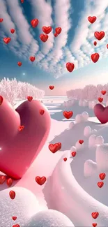 Romantic heart-shaped snow landscape with dreamy sky.