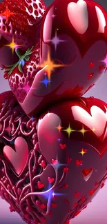 Glossy red hearts and strawberries wallpaper design.