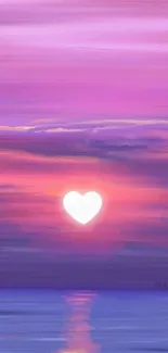 Heart-shaped sun setting over a purple sea with pink skies.