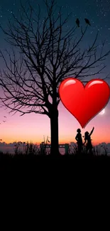 Romantic couple silhouette at sunset with red heart in the sky.