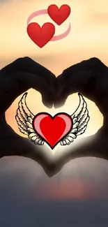 Romantic sunset with heart silhouette and wings, perfect for mobile wallpaper.