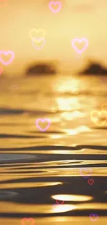 Romantic wallpaper with hearts over sunset ocean scene.