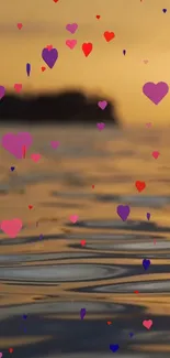 Scenic sunset with floating hearts over tranquil waters.