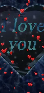 Romantic wallpaper with 'I love you' and red hearts on a blue background.