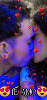 Romantic couple kissing with overlay of red hearts and text 'Te Amo' on wallpaper.