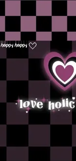 Romantic checkerboard wallpaper with hearts and text.