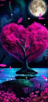 Heart-shaped pink tree under moonlit sky wallpaper.