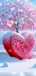 Heart-shaped tree in snowy pink landscape, perfect for romantic wallpaper.