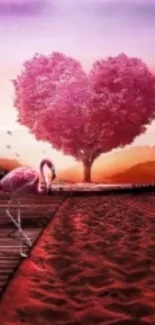 Heart-shaped pink tree with flamingo by sunset.