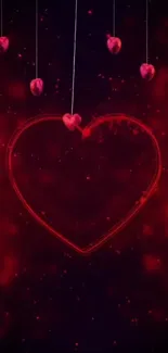 Heart-themed mobile wallpaper with hanging red hearts.