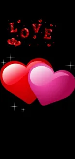 Romantic wallpaper with red and pink hearts, and 'LOVE' text on a black background.