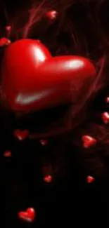 Romantic red heart wallpaper with floating smaller hearts on dark background.