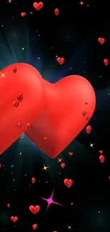 Romantic red hearts with stars on black background.